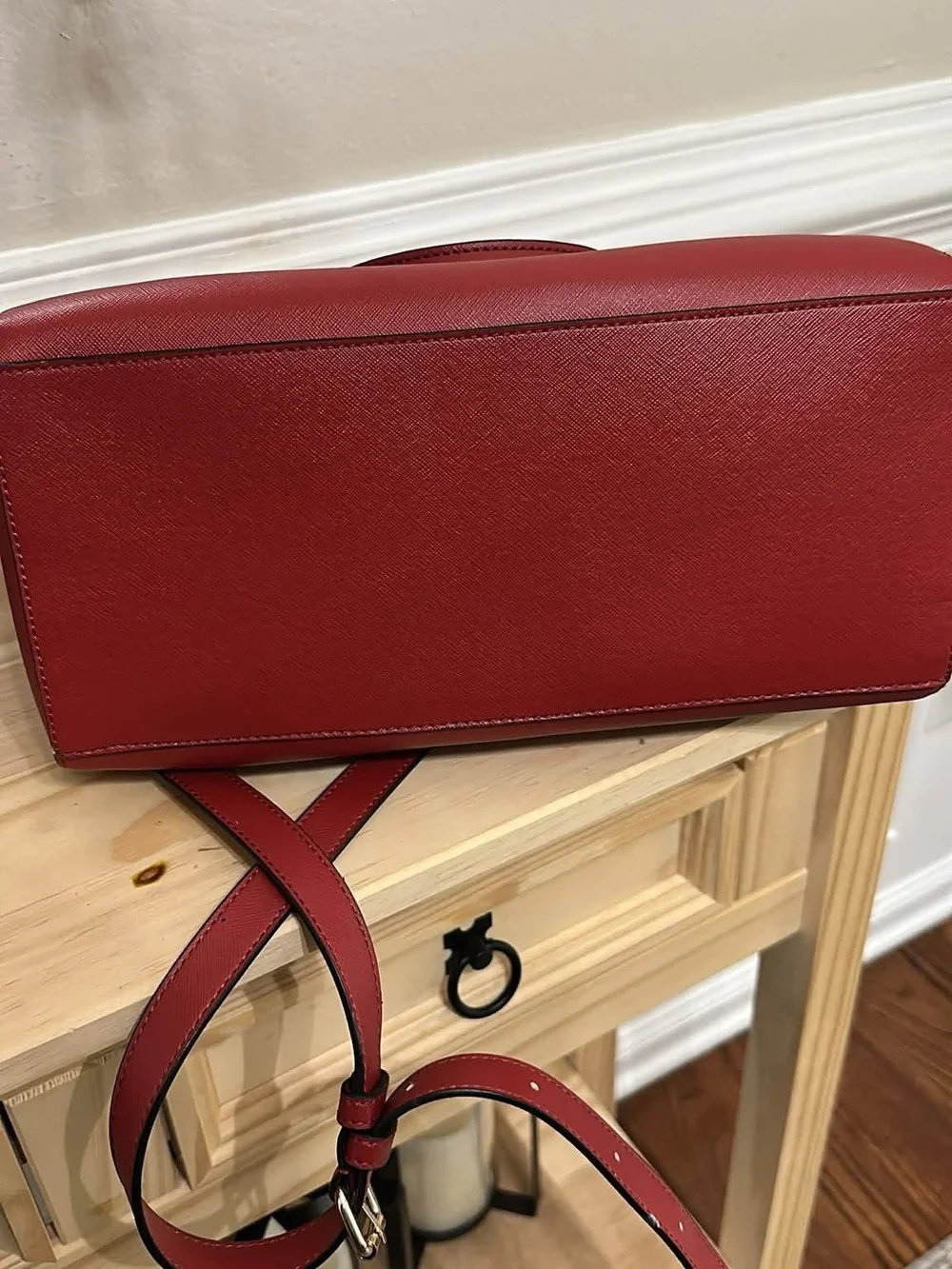 Inspired DKNY Red Pebbled Leather Dome Satchel with Charm Accent
